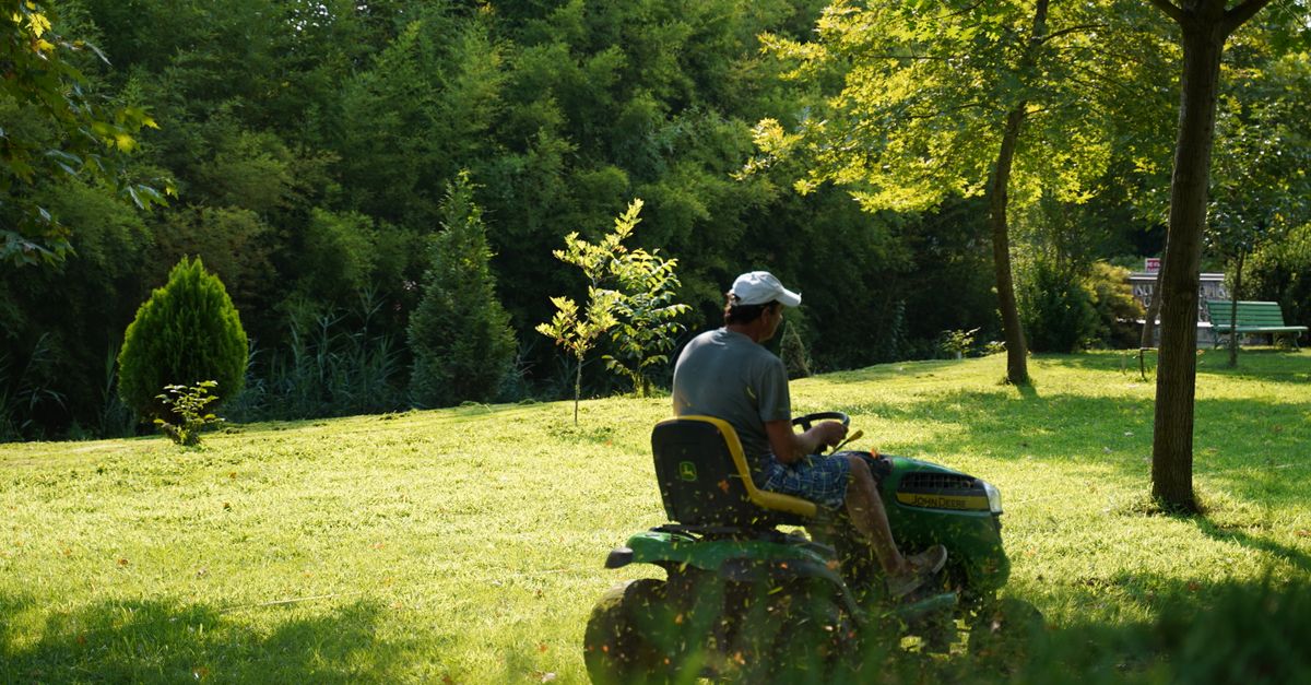 A person mowing a green residential lawn on a sunny day